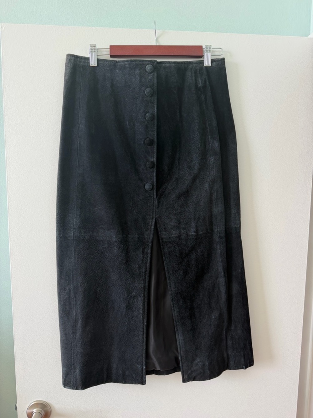 Vintage Suede 100% Leather Black Button-Front Slit Midi Skirt